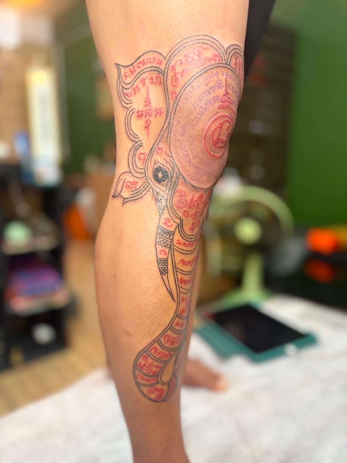Sak Yant elephant leg tattoo